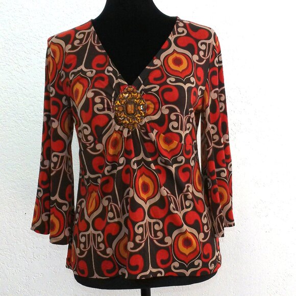 Orange/yellow/brown floral blouse, with amber rhinestone design - Picture 1 of 7